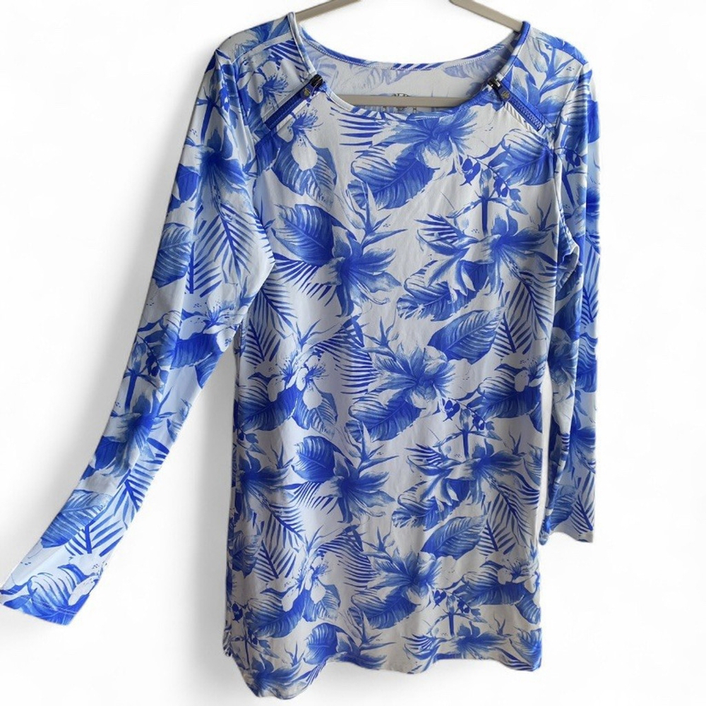 BANANA BOAT Blue White Floral Zip Shoulder UPF 50+ Long Sleeve Dress Size Large‎